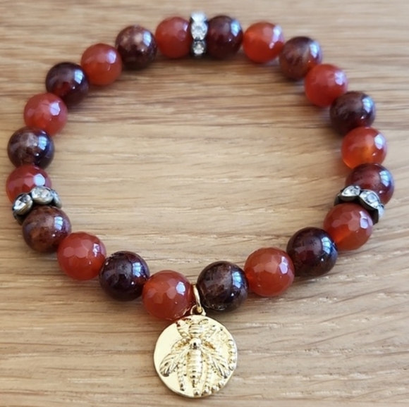 Bracelet, Orange Hessonite Garnet & Carnelian Beads, Stretch, Hand Crafted - Picture 1 of 8